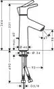 Hansgrohe-Waschtischmischer mit einem Hebel, senkrechter Auslauf, zwei flexiblen Anschlussschläuchen und Abflussgarnitur. Technische Maße sind im Diagramm dargestellt.